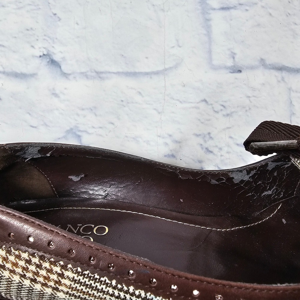 Franco Sarto Halley Heels Women 9 Brown Plaid Wingtip Block Pump Bow Academia - Picture 3 of 14